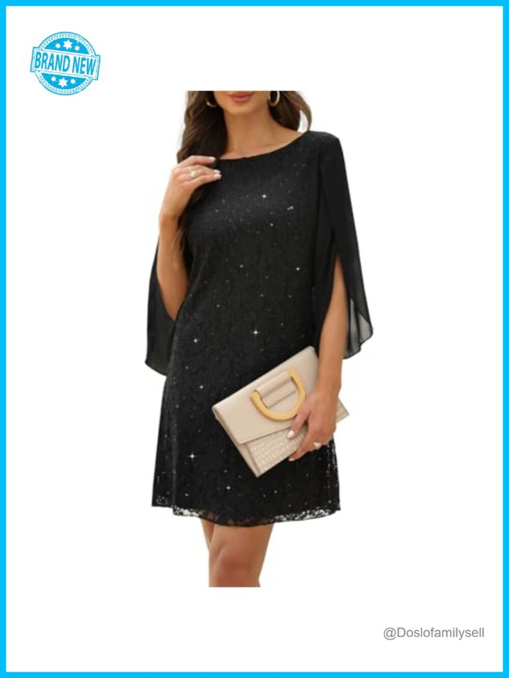 Lace Sequin Formal Cocktail Dress Slit Sleeve Boat Neck Wedding Guest
